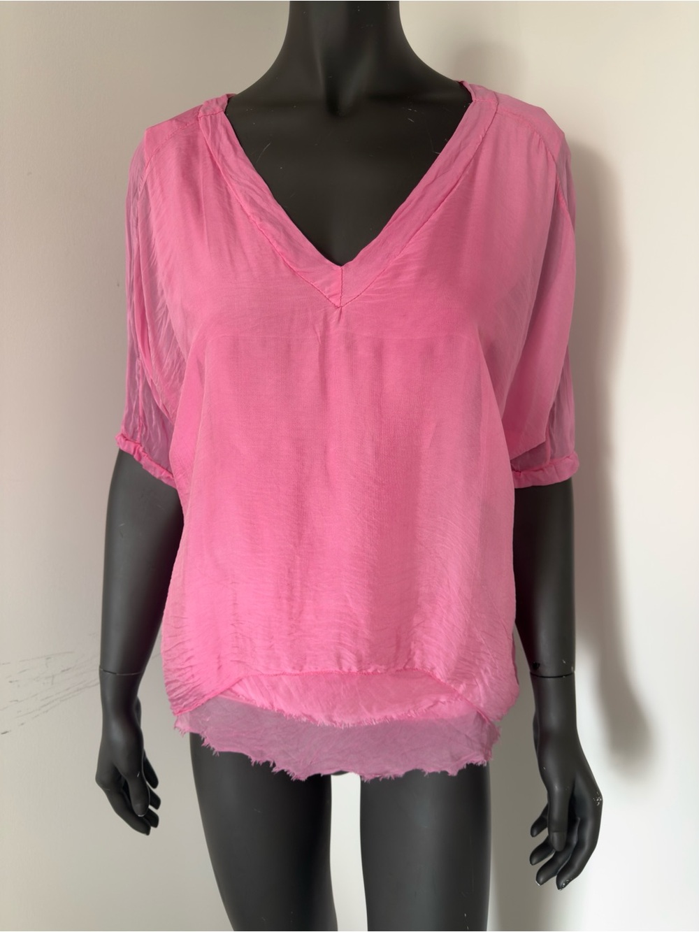 128. 100% Italian Silk Pink V-Neck Blouse with Raw Hem